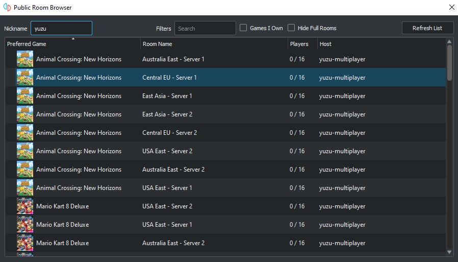  yuzu's Public Room Browser