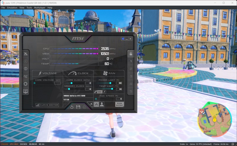 Left is default performance with an RTX 4090, middle is using the driver's 'Prefer maximum performance', right is yuzu's Turbo mode (Pokémon Scarlet)